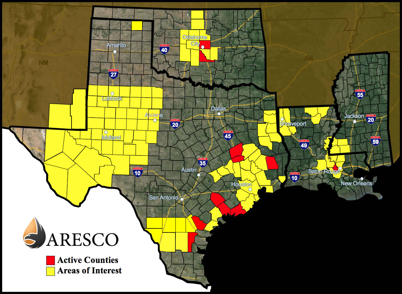 Current Crude Oil Production Areas Map in Texas, Oklahoma, Louisiana, and Mississippi